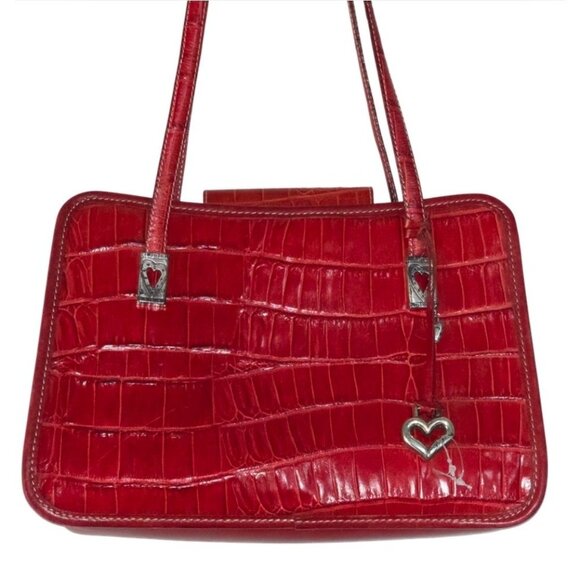 Vintage Y2K Brighton Red Croc Leather Silver Heart Charm Shoulder Bag - Picture 2 of 8